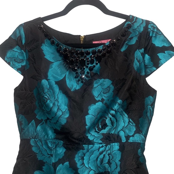 VINTAGE ELIZA J. BLACK & TEAL-BLUE BOAT NECK EMBELLISHED JACQUARD  RHINESTONE - Picture 8 of 16